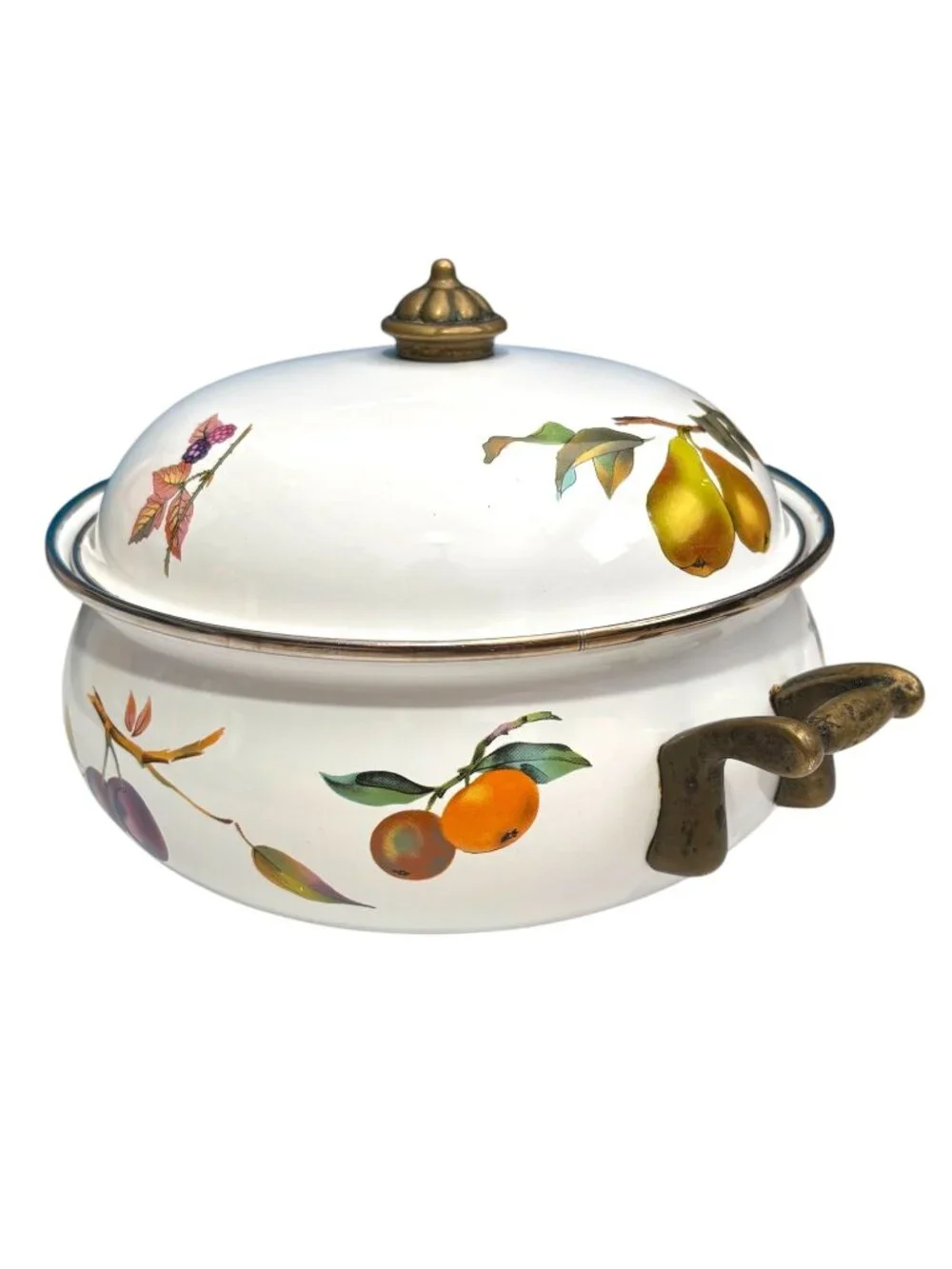 Vintage Enamel Fruit Motif Casserole Dish With Lid & Brass Handles